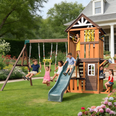 Extra Large Solid Wood Outdoor Swing Set With Slide and Playhouse for Backyard, Playground
