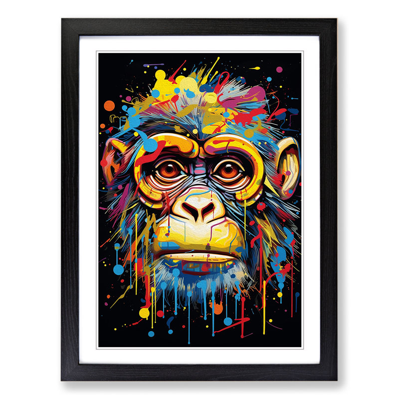 Monkey Abstract - Single Picture Frame Print on Wood, 64cm H x 46cm W x 2cm D, Black 