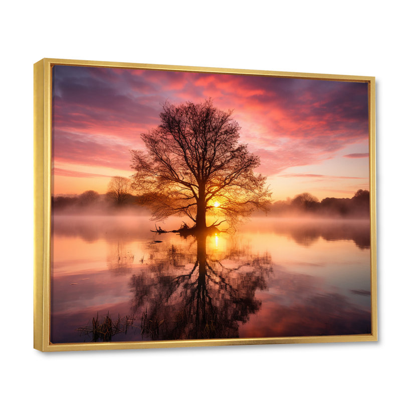 Arbre majestueux au coucher du soleil sur le lac de montagne I - impression, H 24 po x l 32 po x P 1 po, Cadre flottant doré