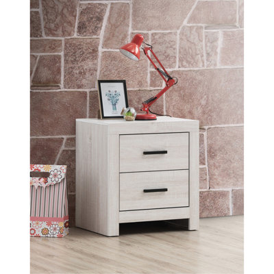 Table de chevet à 2 tiroirs avec poignées blanc côtier et bronze foncé sophistiquées, fonctionnalité de chambre à coucher, hauteur de 23,5 po pour le décor, avec profondeur de 16,46 po de style contemporain