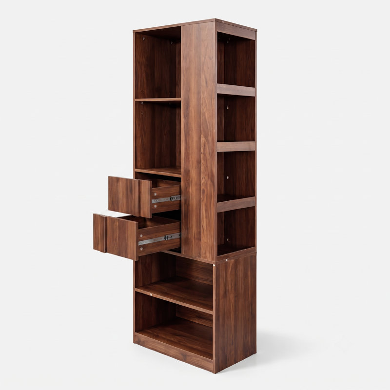 Grande armoire de rangement en noyer avec tablettes ouvertes et 2 tiroirs cannelés