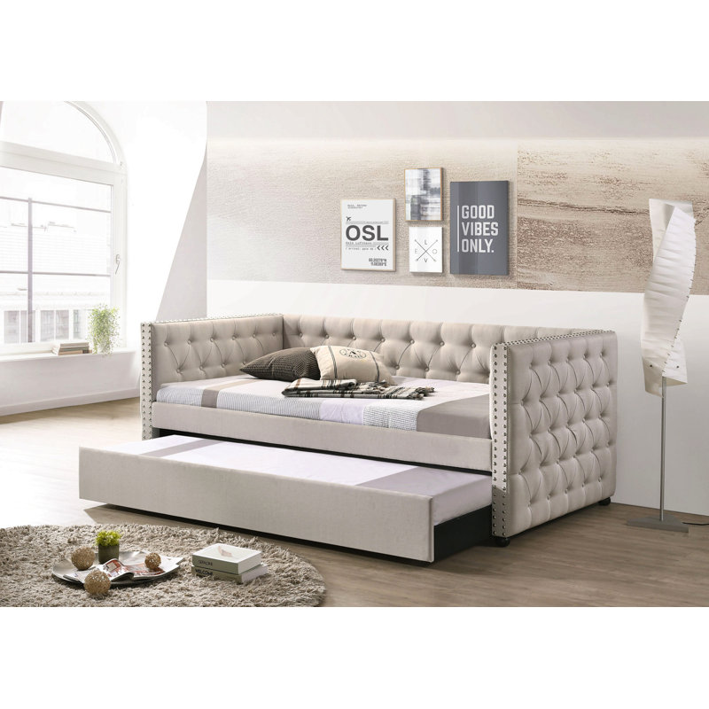 Beige Fabric Daybed W/Trundle (Overall Full), Beige, Full