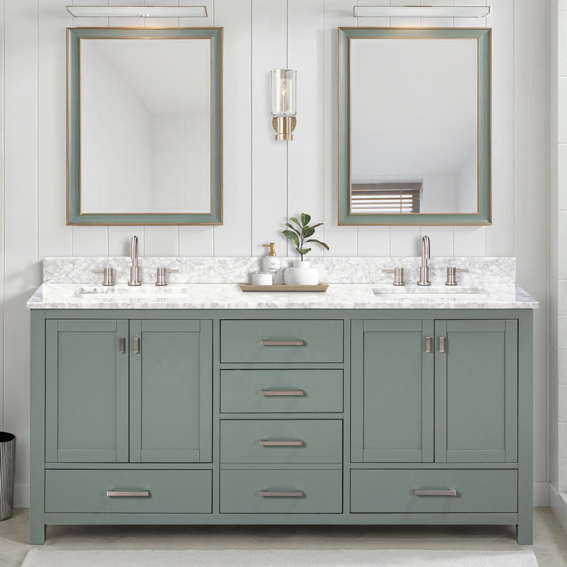 Meuble-lavabo double 72 po avec plateau Souther, 72" , Blanc de Carrare, Vert fumée