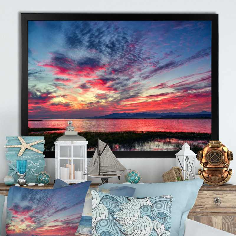 «Sunset Beach Dramatic Sky» - art mural sur toile nautique et côtier, Impression noire sur toile encadrée