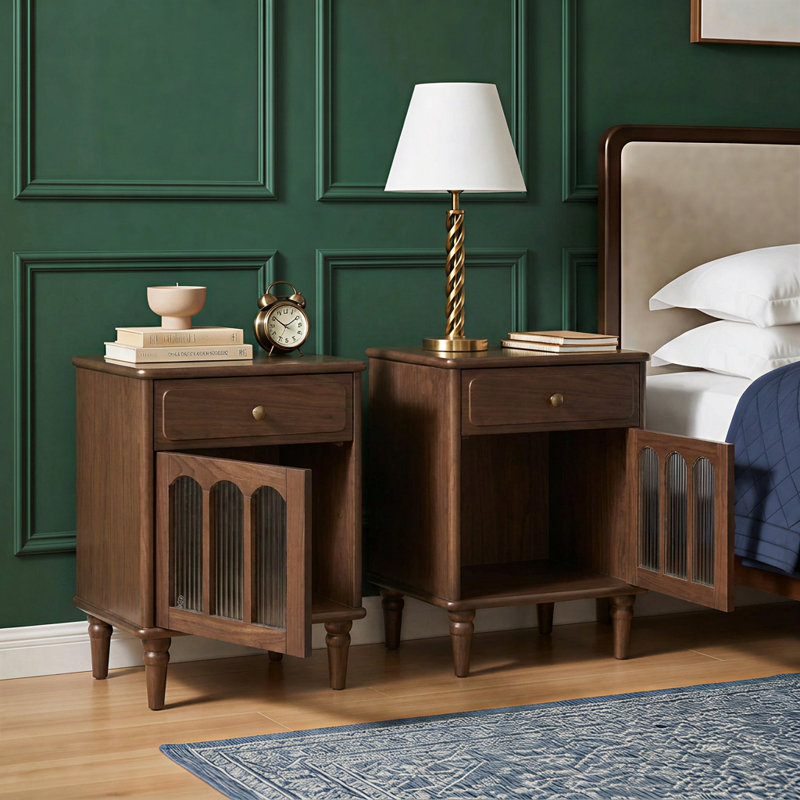 23"H Traditional Solid Wood Nightstand Set with Fluted Glass Doors, Storage Drawer, Set of 2, Black Walnut 