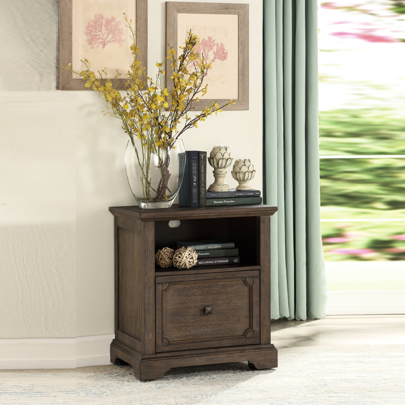 Classeur rustique rustique de style transitionnel avec finition chêne foncé, tiroir et tablette pour faciliter le déplacement.