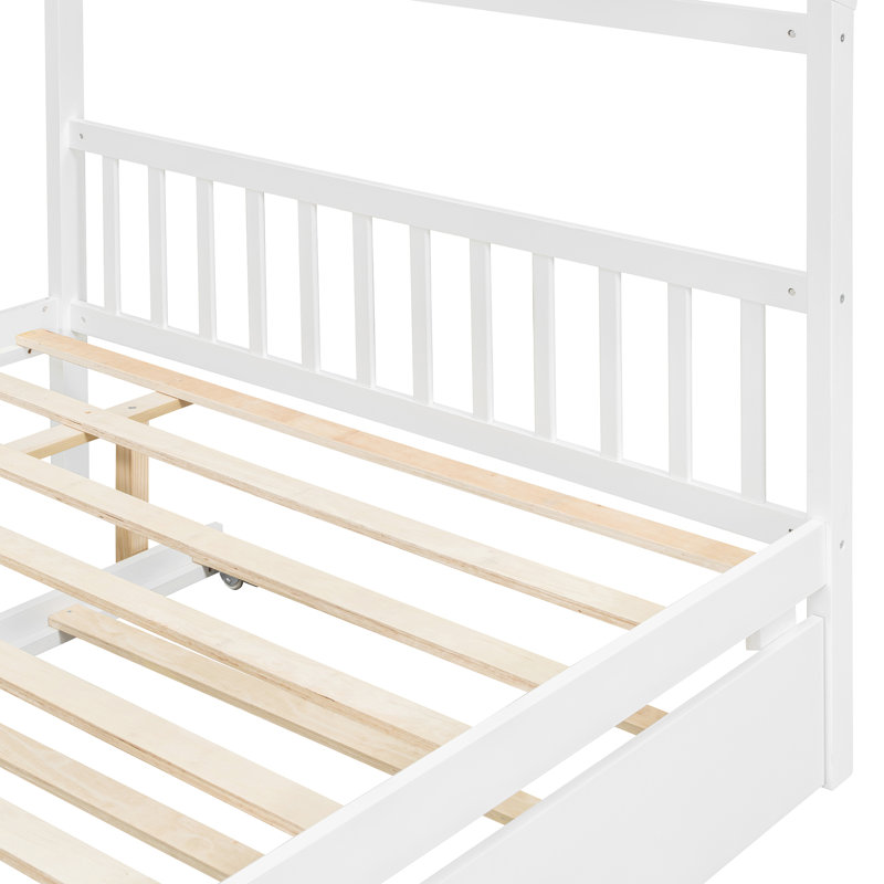 Lit double en bois avec lit gigogne simple, blanc, Lit double, Blanc
