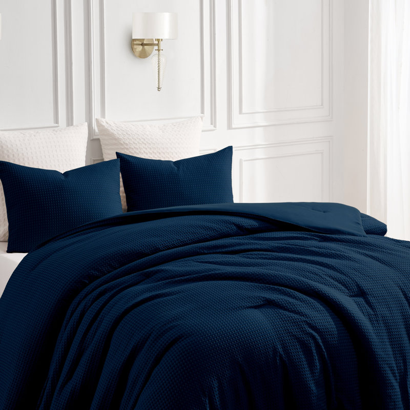 Kathy Ireland 3 Pc Waffle Comforter Set, King Comforter + 2 King Shams, Navy