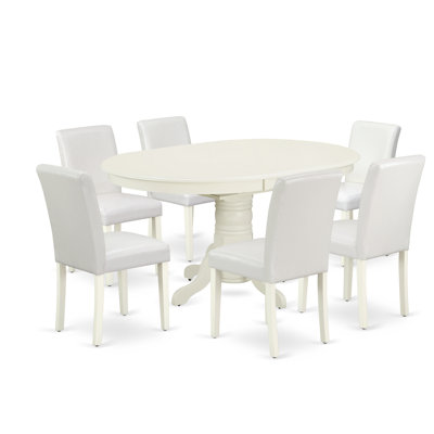 7 Piece Dining Room Furniture Set consists of an Oval Wooden Table with Butterfly Leaf and 6 White Faux Leather Parson Dining Chairs, 42x60 Inch, Linen White