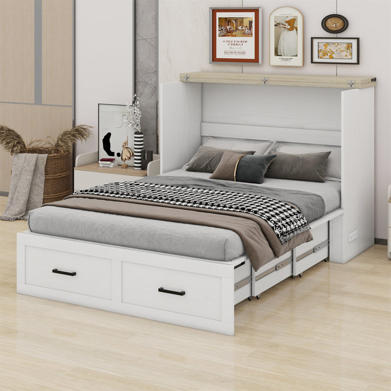 Full Murphy Bed With Storage Drawer & USB Charging Station, Blanc, Grand