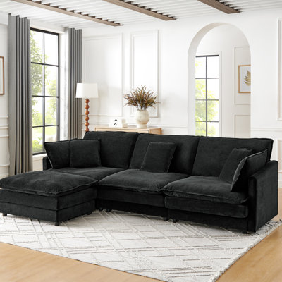 Canapé modulaire moderne en L noir avec canapé convertible 4 places en tissu d'ameublement moderne pour bureau à domicile, canapé