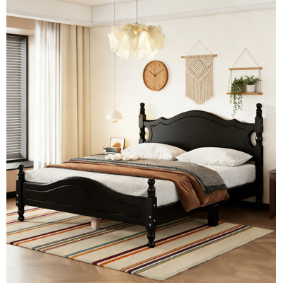 Lit plateforme en bois de pin avec tête et pied de lit, structure de lit de ferme avec support en lattes de bois, aucun sommier requis, noir, double