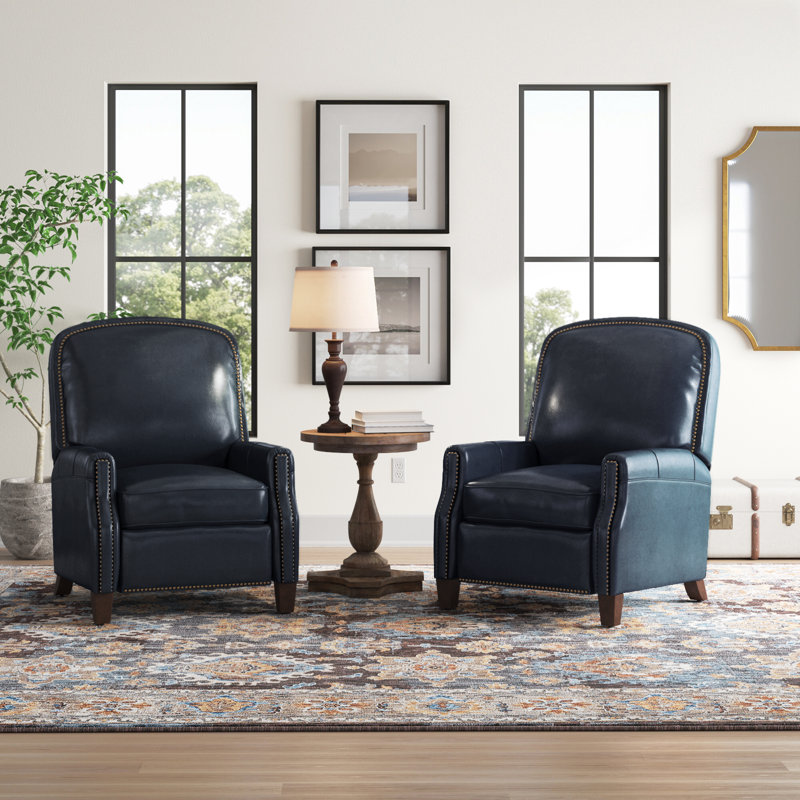 Glen Ellyn 30" Wide Genuine Leather Manual Club Recliner, Navy Genuine Leather