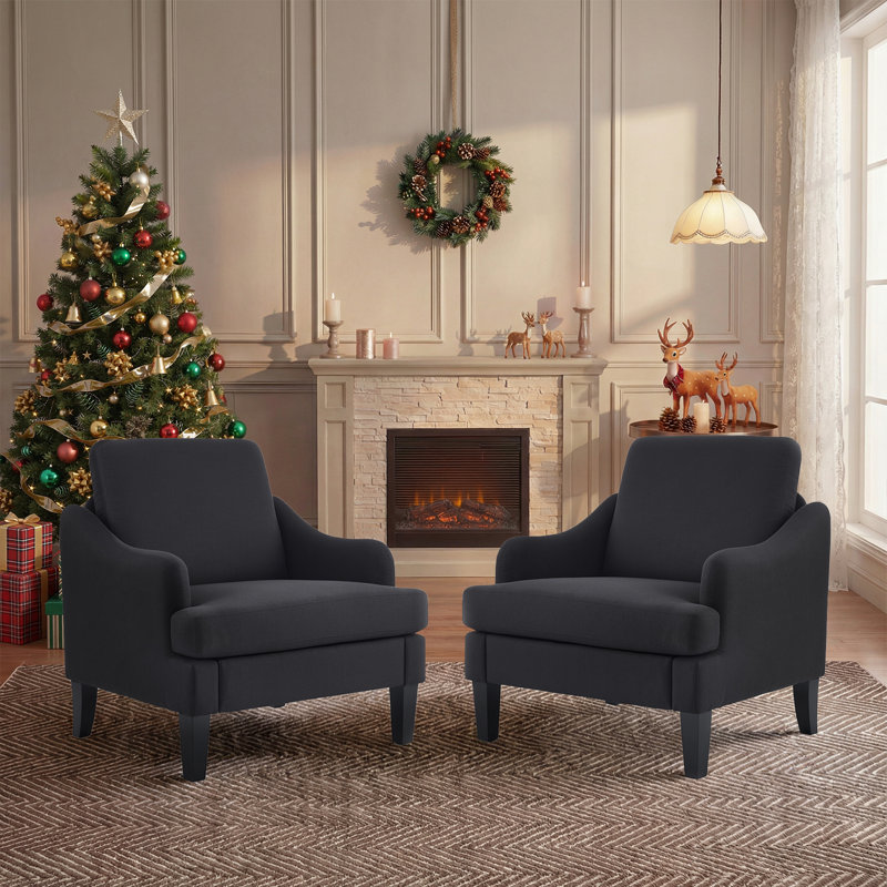 31" W Linen Sloping Handrail Small Bedroom Chairs Mid Century Modern Accent Chair , Black Linen