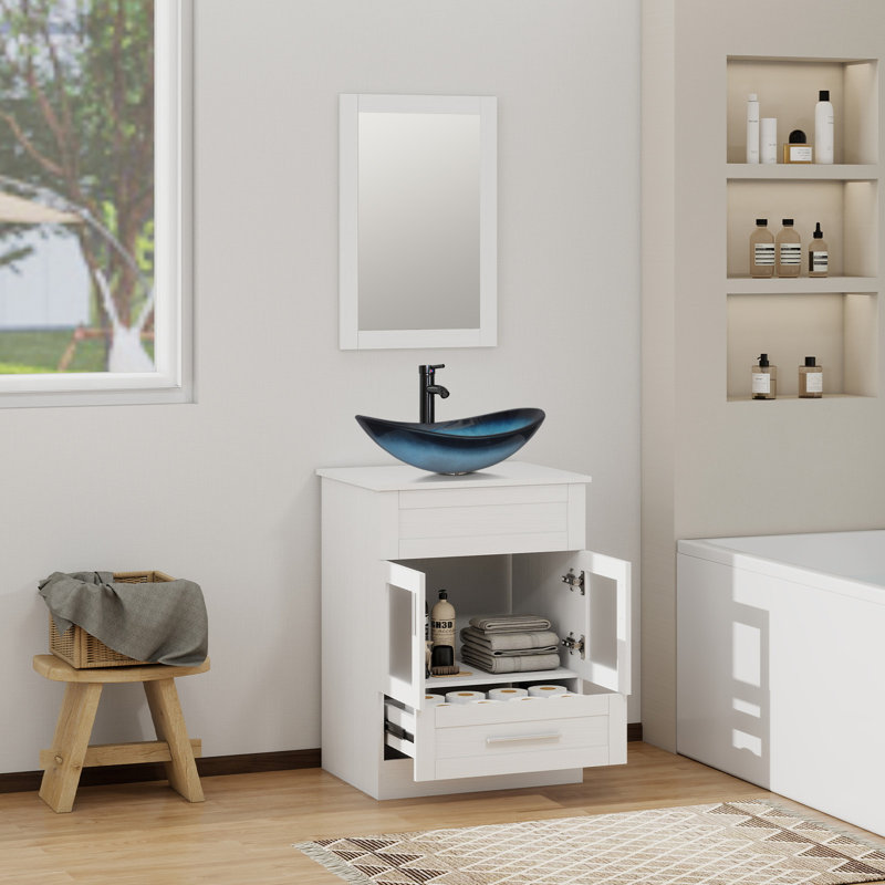 Ensemble de meuble-lavabo simple 24 po avec miroir Romford, Bleu