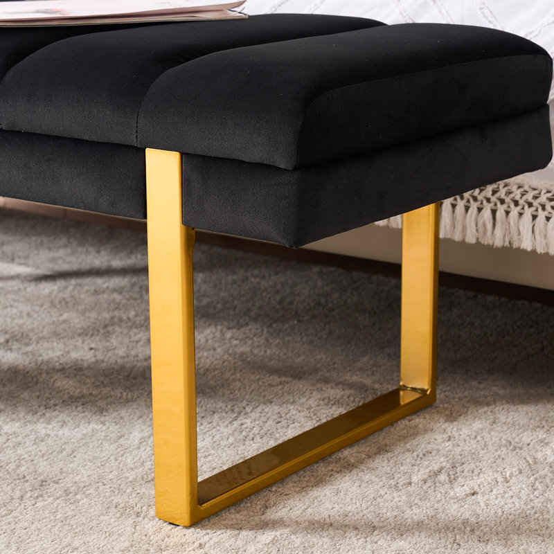 Laytona 46.5"W Tufted Bedroom Bench Entryway Bench with Metal Legs, Black, Gold