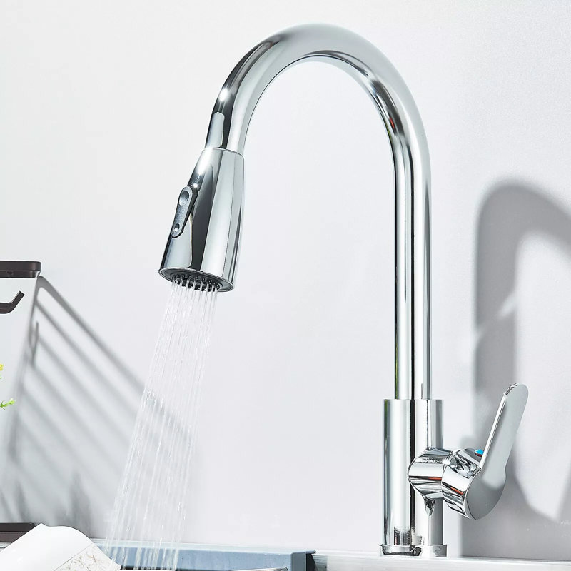 Kitchen Sink Faucet 1 Hole Single Handle 360° Swirl Pull Down Sprayer Mixer Tap, Chrome