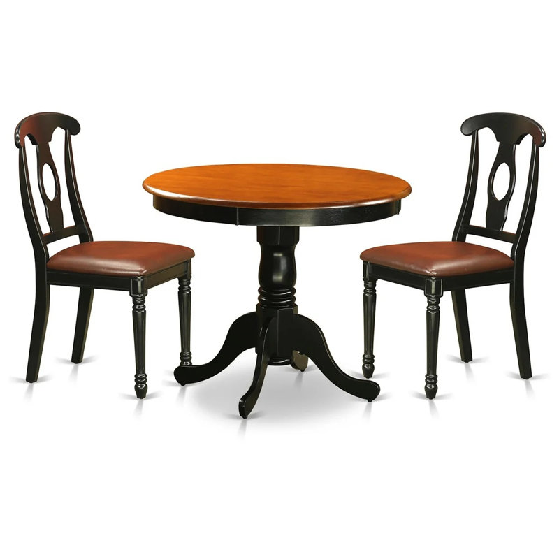 L'ensemble de table de salle à manger 3 pièces comprend une table de cuisine ronde avec piédestal et 2 chaises de salle à manger rembourrées en similicuir, noir et cerise