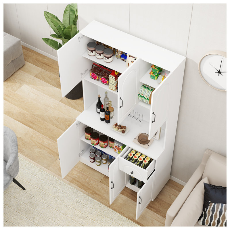 Armoire de rangement pour garde-manger de 71 po avec support à micro-ondes et support autoportant avec tablettes réglables et 6 portes
