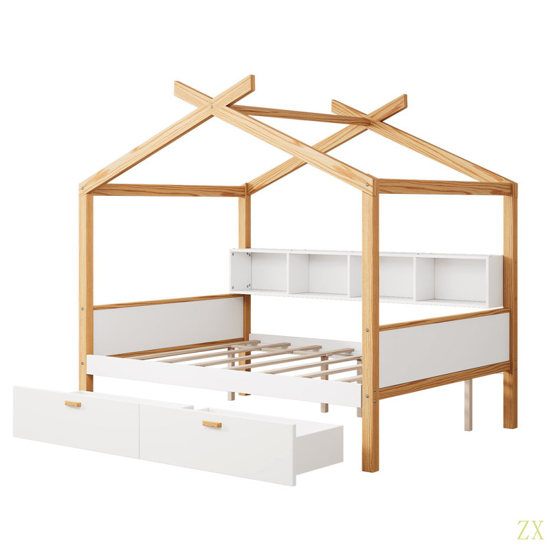 Structure de lit double en bois pleine grandeur avec deux tiroirs et une bibliothèque pour les enfants ou la chambre d'amis