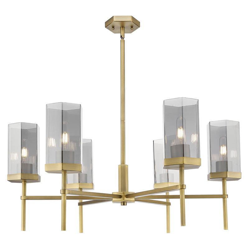 Downtown Urban - Nemec - Lustre suspendu 6 lumières 32 po , Gris fumée clair, Laiton brossé