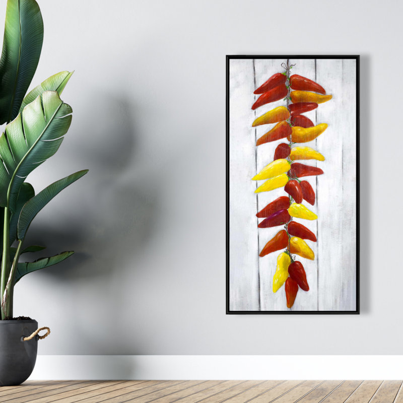«Rope of Peppers», art sur toile | Décoration orange alimentaire sur fond de bois