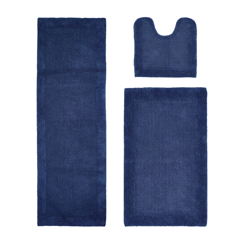 Merkel 100% Cotton Tufted Premium 3 Piece Bathroom Rug Set Machine Washable Extra Soft & Absorbent Reversible Bath Rug, Navy