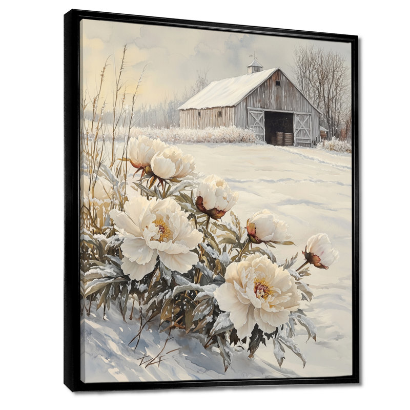 Hiver, pivoines par la grange - pivoines, art mural, Noir, Reproduction avec cadre flottant, H 20 po x l 12 po