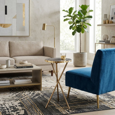 Table d'appoint ronde décorative en agate pour salon - Petite table d'appoint sur pied pour coin lecture - 58 cm, gris et or
