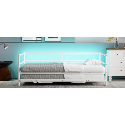 Lit de jour simple en métal blanc avec lit gigogne à DEL et pliable, lit de style industriel, supports de lit de support stable sur lit gigogne