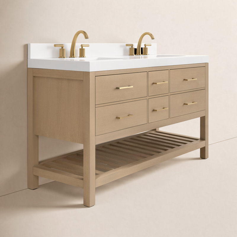 Ensemble de meuble-lavabo double 60 po Carrie, Chêne / or rose, Quartz blanc pur