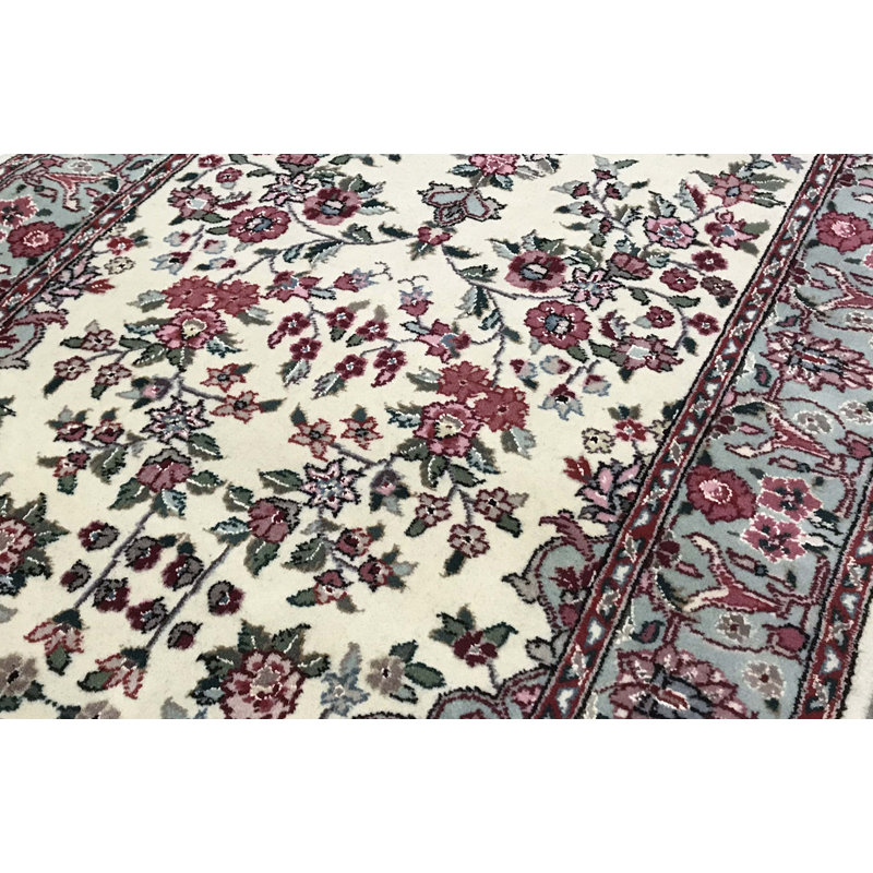 Hand-Knotted High-Quality Ivory, Pink, and Green Runner