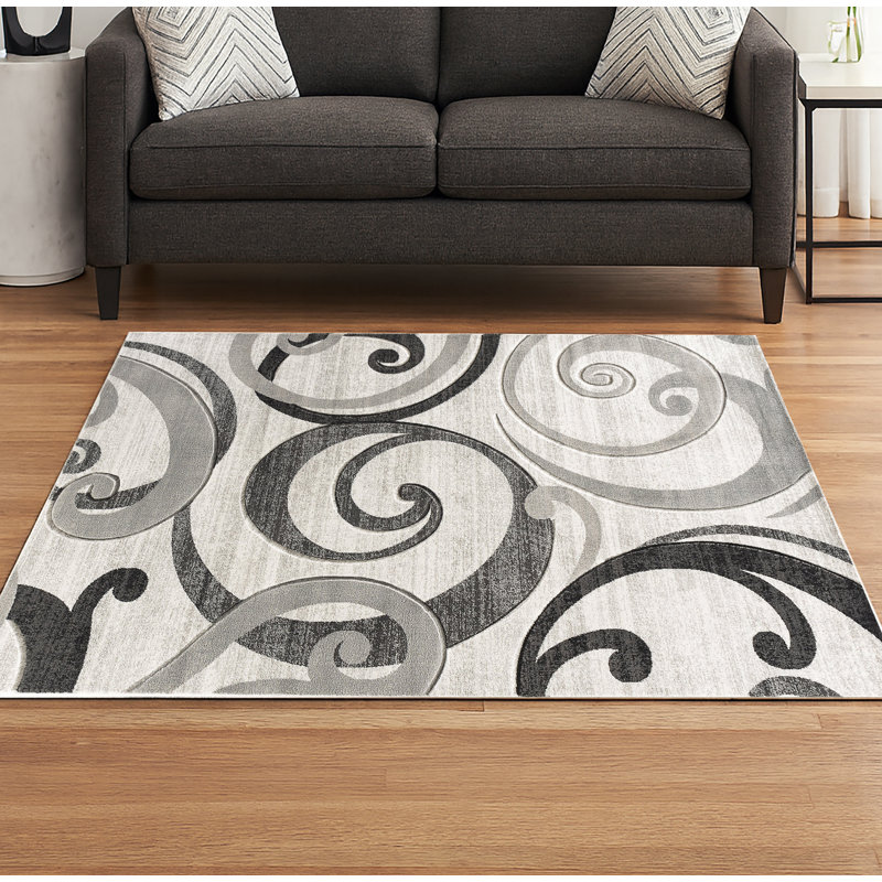 Tapis moderne à motif de tourbillons sculptés à la main gris argenté moelleux, Gris, argenté, noir