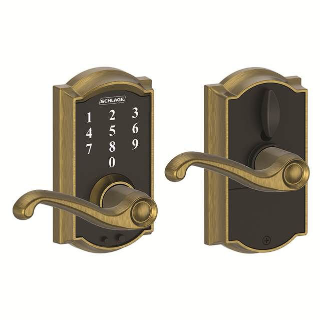 Schlage Touch Keyless Touchscreen Lever with Camelot Trim and Flair Lever, Antique Brass