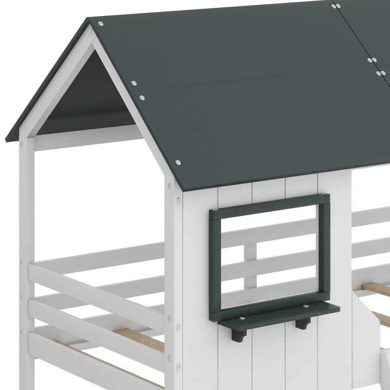 Bunk Bed With Roof, Window, Guardrail, Ladder, White/Gray