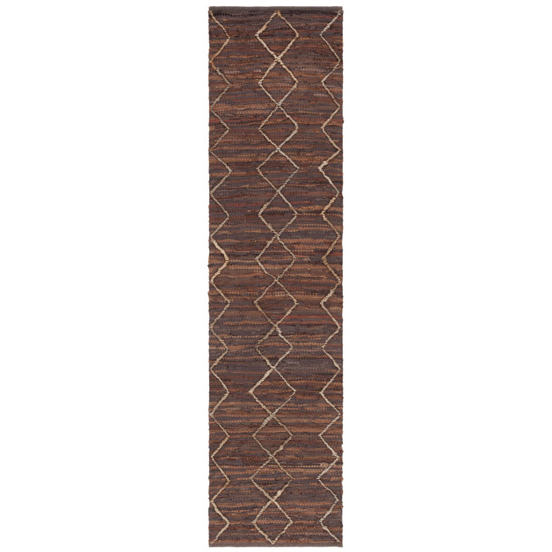 Vintage Leather Hand Woven Leather/Jute/Cotton Geometric Rug in Brown/Natural, Runner 2'3" x 5'