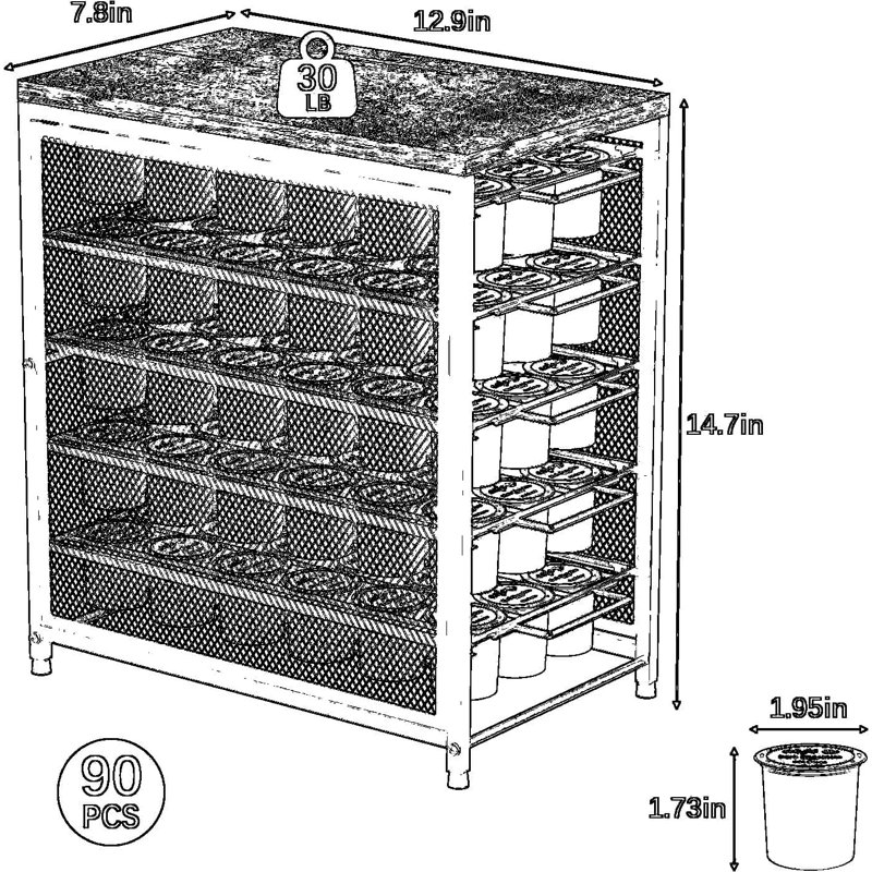 Tiroir à café à 5 niveaux avec capacité de 90 tasses, support de rangement peu encombrant pour les dosettes Keurig, fabrication robuste en métal et en bois pour la maison, le bureau ou le comptoir de café
