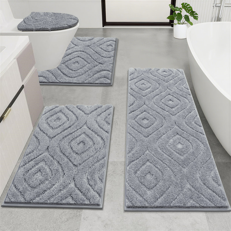 4 Piece Soft Absorbent Microfiber Bath Rug Set With Non-Slip Backing, Light Gray