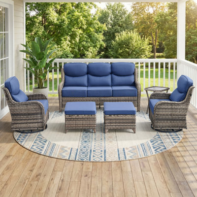 Abbey 5-Piece Wicker Patio Conversation Set With 6-Inch Luxury Cushions Swivel Chairs, Ottomans