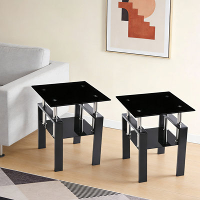 19.7" High 2-tier Square Glass Top End Table With Storage,2 Set Of  Side Table For Bedroom Living Room