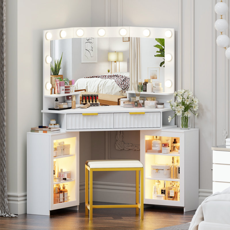 Dressing Table with Motion Sensor 3-colour lighting, Charging Socket and Stool, White