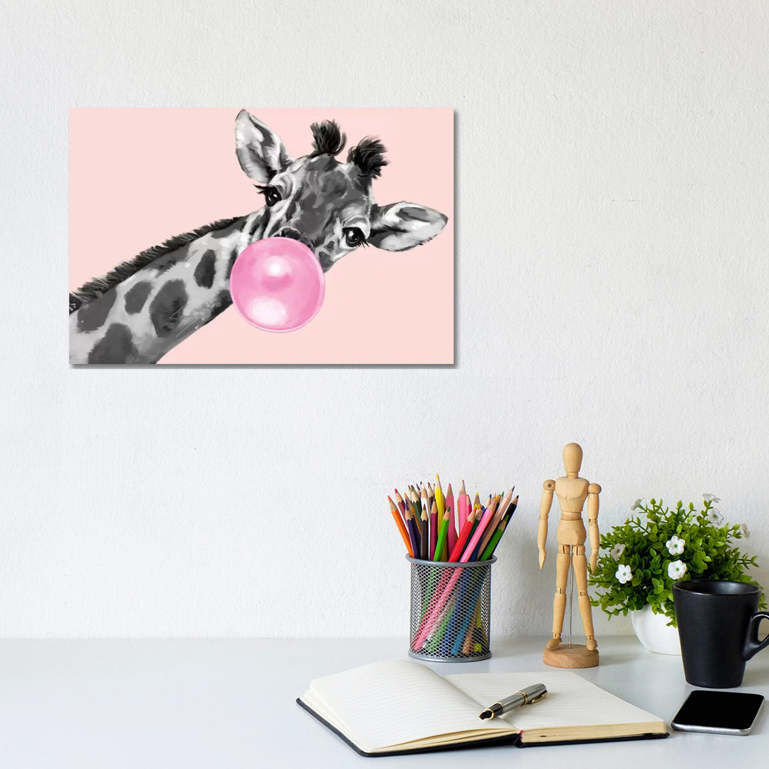 Sneaky Giraffe Blowing Bubble Gum in Pink by Big Nose Work - Wrapped Canvas Graphic Art