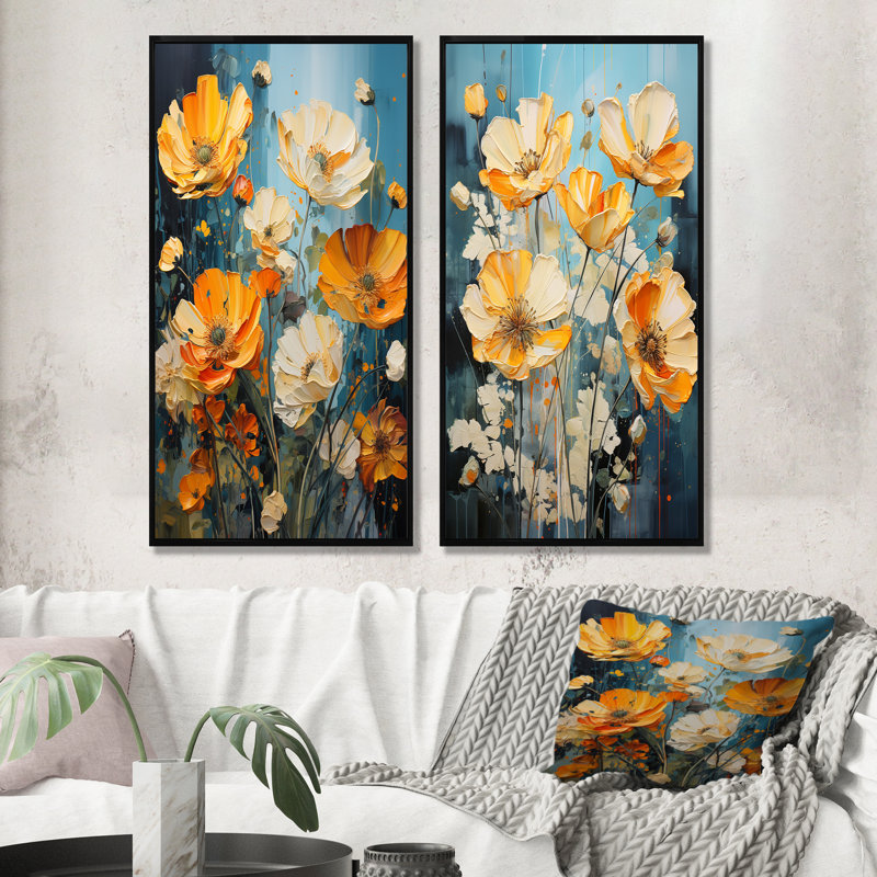 «Buttercups Burst With Fierce Brushwork» - Ensemble de 2 impressions sur toile Buttercups, Cadre flottant noir