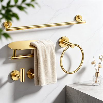 Ensemble de quincaillerie de salle de bain Premium Gold brossé - Porte-serviettes, anneau, porte-papier hygiénique et crochets à peignoir en acier inoxydable SUS304 - Accessoires de salle de bain muraux antirouille