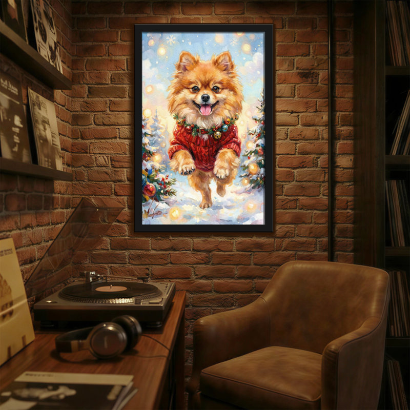 Animaux, chien de Noël dans un chandail rouge, scène enneigée, H 24 po x l 16 po