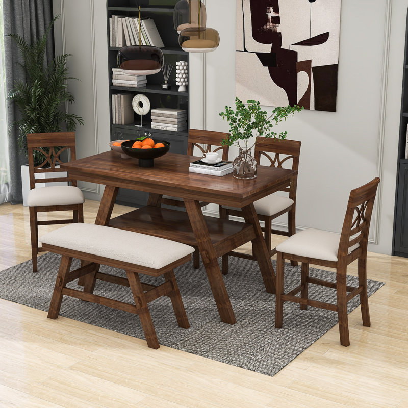 6 - Person Four Leg Dining Set, Walnut, Walnut, Beige/Walnut