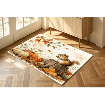 Tapis feuilles d'automne écureuil citrouille, conception artistique aquarelle, surface en velours, tapis antidérapant, décoration intérieure pour salon, chambre à coucher, entrée, cuisine, balcon, appartement