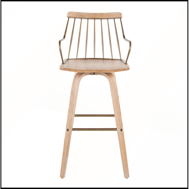 Tabouret de bar pivotant à hauteur fixe avec bois blanchi et cuivre antique pour cuisines et bars de ferme