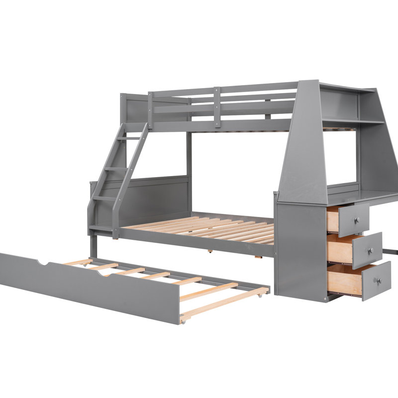 Lit superposé simple au-dessus d'un lit double avec lit gigogne et bureau, rangement - Lit gigogne gris Accessibilité, Gris