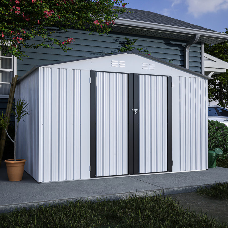 Grey Metal Storage Shed For Lawn - 10x8 Ft Galvanized Steel With Lockable Doors, Garden, Patio Sloped Roof Your Belongings In Patio, Backyard, Lawn,